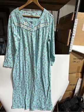#4325-PINK  Light Blue Floral Cotton Nightgown with Pink Roses